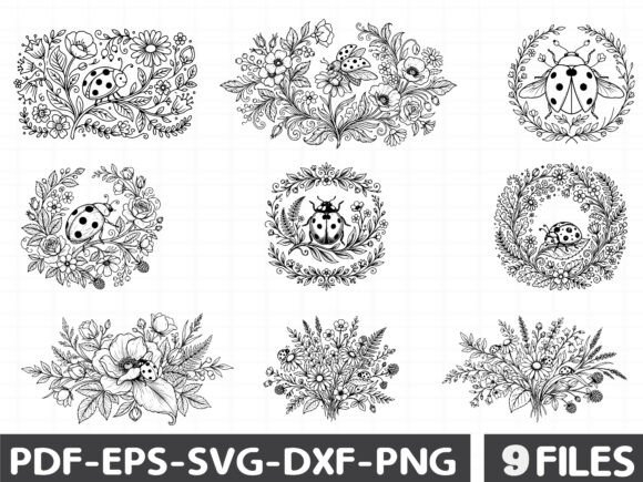 Cute Ladybug Floral Line Art Bundle